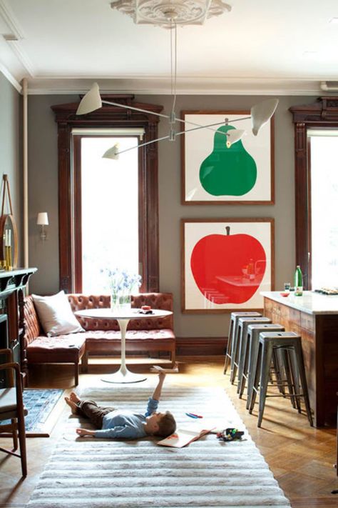 Leather Banquette, Brooklyn Brownstone, Kitchen Artwork, Tulip Table, Classic Kitchen, Diy Interior, Wood Trim, A Living Room, Grey Walls