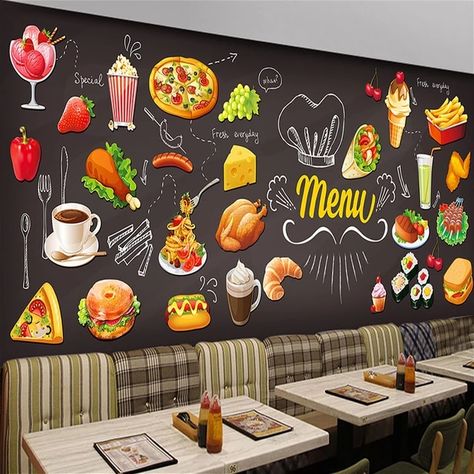 Graffiti Food, Food Mural, Study Room Kids, 3d Wall Painting, Western Restaurant, Wallpaper Stores, Large Mural, Restaurant Photos, Custom Murals