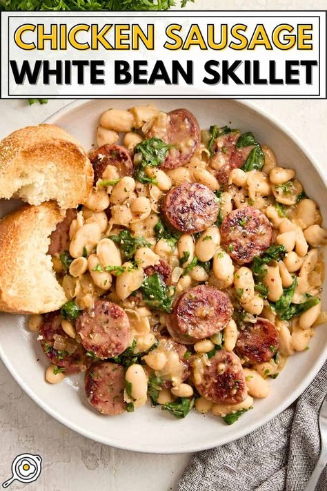 Chicken Sausage White Bean Skillet Smoked Sausage And Beans, Beans And Sausage Recipe, White Beans And Sausage, White Bean Casserole, White Bean Skillet, White Bean And Sausage, Sausage And Beans, Sausage White Bean, Budget Bites