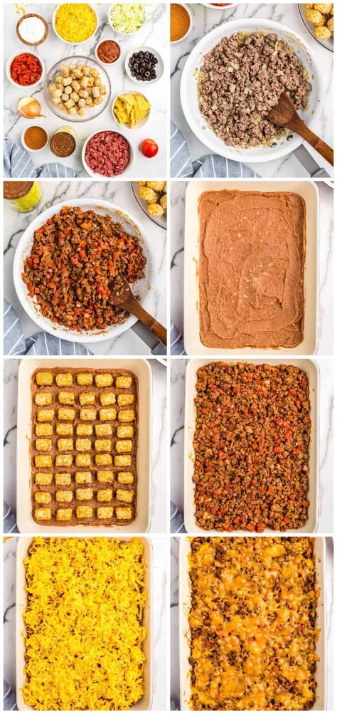 Taco Bake With Refried Beans, Taco Tator Casserole, Freezer Taco Casserole, Dorito Taco Bake, Tater Tot Taco Casserole, Taco Tater Tot Casserole, Mexican Refried Beans, Mexican Tater Tot Casserole, Beef Taco Casserole