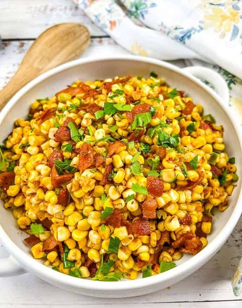 Blackstone Bacon-Fried Corn - Cook What You Love Black Stone Sides, Griddle Sides, Blackstone Corn, Corn And Bacon Salad, Blackstone Bacon, Fry Corn, Griddle Ideas, Vegetarian Holiday Recipes, Cooking Projects