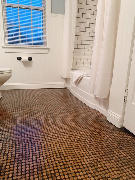 A Penny for your Floor: Whimsically Wonderful | momhomework.com Epoxy Penny Floor, Penny Shower Floor, Penny Bathroom Floor, Penny Floor Bathroom, Penny Floor Designs, Bathroom Floors Diy, Bathroom Outside, Penny Floor, Change Jar