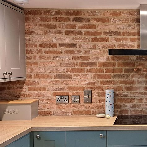 Brick Slips Kitchen, Brick Wall Kitchen, Kitchen Feature Wall, Brick Slip, Brick Slips, Brick Decor, Brick Kitchen, Brick Tile, Tile Companies