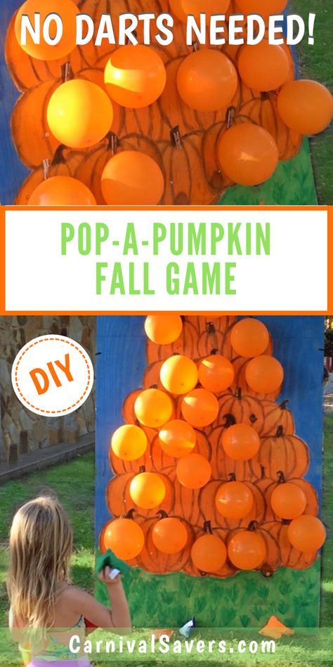 Fall Festival Game Idea - Pop-a-Pumpkin! Grab the FREE Pattern Download too! Carnival Fall Games, Pumpkin Balloon Pop Game, Pumpkin Toss Game Ideas, Fall Fair Ideas Carnival Games, School Harvest Festival Games, Pop The Pumpkin Game, Pumpkin Patch Activities Fall Festivals, Fall Festival Booth Activities, Prizes For Fall Festival Games