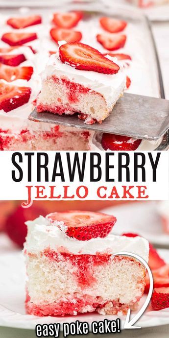 A light and refreshing Strawberry JELL-O Poke cake. Sweet white cake is topped with strawberry gelatin , Cool whip and fresh strawberries for a delicious treat! Strawberry Jello Poke Cake, Strawberry Jello Cake, Jello Poke Cake, Strawberry Gelatin, Strawberry Recipes Easy, Strawberry Poke Cakes, Pudding Poke Cake, Jello Cake, Shortcake Recipe