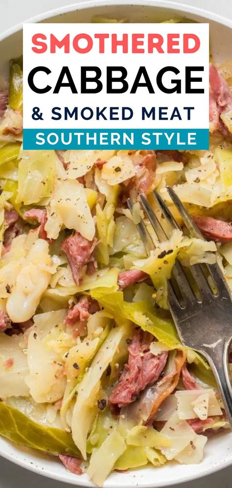 Smother Cabbage Recipes, Crockpot Cabbage And Smoked Turkey, Smothered Cabbage With Bacon, Cabbage With Turkey Necks, Southern Cabbage With Smoked Turkey, Cabbage Greens Recipe, Neckbones And Cabbage, Stewed Cabbage Southern, Cabbage With Ham Hock