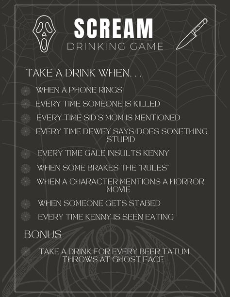 Scream, drinking game, scary movie, paramount, ghost face Scream Movie Games, Halloweentown Drinking Game, Scream Movie Themed Snacks, Coraline Drinking Game, Scream Movie Drinking Game, Horror Movie Date Night Ideas, Halloween Movie Night Party Aesthetic, Halloween Drinking Games Movie, Horror Movie Game Ideas