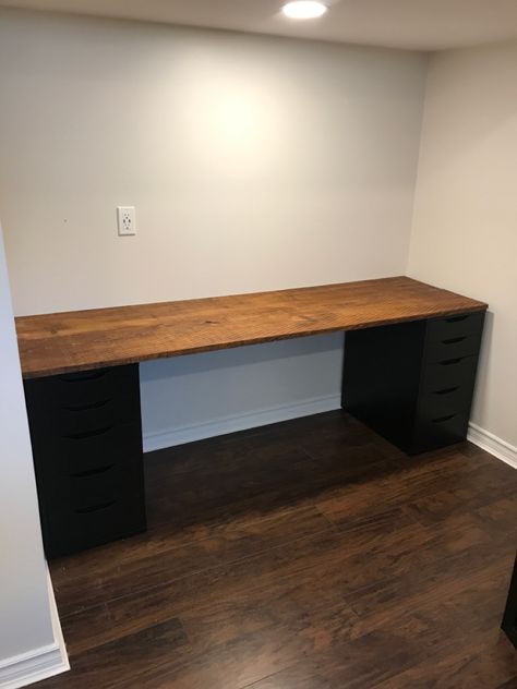 Homemade Office Desk, Homemade Desk Ideas Home Office, Homemade Gaming Desk, Long Desk Ideas, Homemade Desk Ideas, Long Wooden Desk, Wooden Desk Top, Custom Computer Desk, Homemade Desk