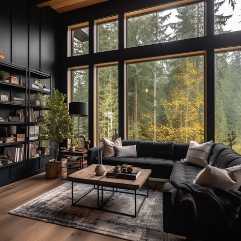 Dark Whimsical Interior Design, Black And Natural Wood Living Room, Black Scandinavian House, Black Modern House, Estate Interior, Scandinavian Architecture, Modern Mountain Home, Home Design Living Room, Fun Fun