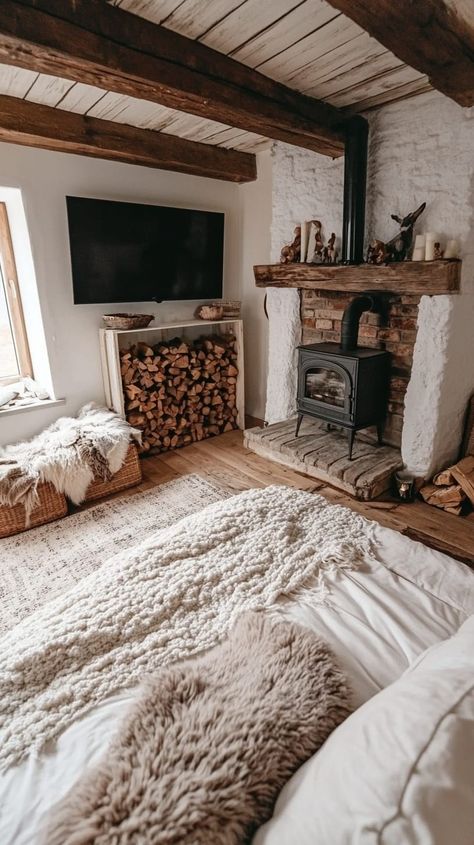 A cozy home featuring unique wood stove designs ideal for homeowners seeking decor ideas. Cozy Scandinavian Living Room, Rustic Cabin Interior, Wood Stove Ideas, Stove Ideas, Cozy Decor Ideas, Compact Home, Scandinavian Farmhouse, Rustic Farmhouse Living Room, Cozy Ideas