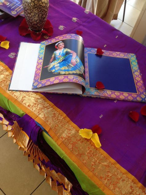 Guest Signing Book at the Arangetram Bharatnatyam Arangetram Decoration, Arangetram Decoration Ideas, Arangetram Decor, Bharatanatyam Arangetram, Saraswati Pooja, Indian Decoration, Bharatanatyam Dancer, Home Decor Australia, Kathak Dance