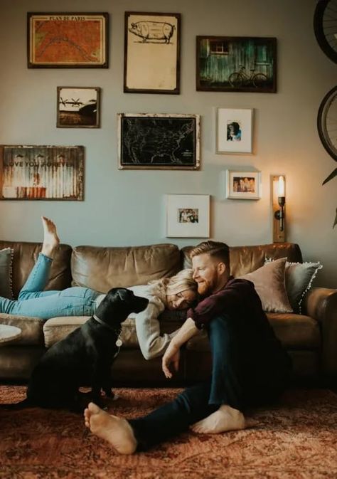 In Home Shoot Couple, Lifestyle Couples Session, Couples Photo Inspiration, Couples Lifestyle Photography Home, In Home Lifestyle Session Couple, Lifestyle Engagement Shoot At Home, I’m Home Photo Shoot Couple, Indoor Engagement Shoot, Engagement Photos In Home