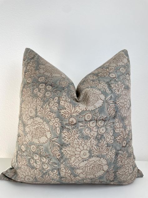 PRICES MAY VARY. 100% Linen Our pillow covers are a testament to the art of hand block printing. They are meticulously handcrafted from 100% natural organic linen fabric on front and feature 100% organic cotton duck-canvas fabric on the reverse. These pillows feature delicate floral motifs that will add warmth and texture to any setting. They are thoughtfully designed with an invisible zipper for a seamless finish. Inserts not included. We recommend going up 2" bigger than the pillow cover for a Magnolia Throw Pillows, Blue Gray Throw Pillows, Best Pillow Covers On Amazon, Throw Pillows Bedroom Ideas, Dark Academia Throw Pillows, Living Room Throw Pillow Ideas, Coastal Cowboy Living Room, King Bed Throw Pillows, Bedroom With Gray Bedding