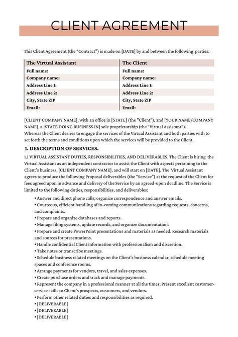 Virtual Assistant Client Agreement Template | Virtual Assistant Client Agreement Contract Business Writing Skills, Virtual Assistant Tools, Transaction Coordinator, Portfolio Template Design, Executive Assistant, Administrative Assistant, Contract Agreement, Business Writing, Virtual Assistant Business