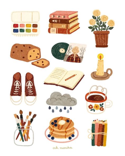 Picking Mushrooms, Baked Cake, Food Flowers, Cozy Things, 달력 디자인, Doodle Paint, Cool Autumn, Rainy Morning, Stickers Kawaii