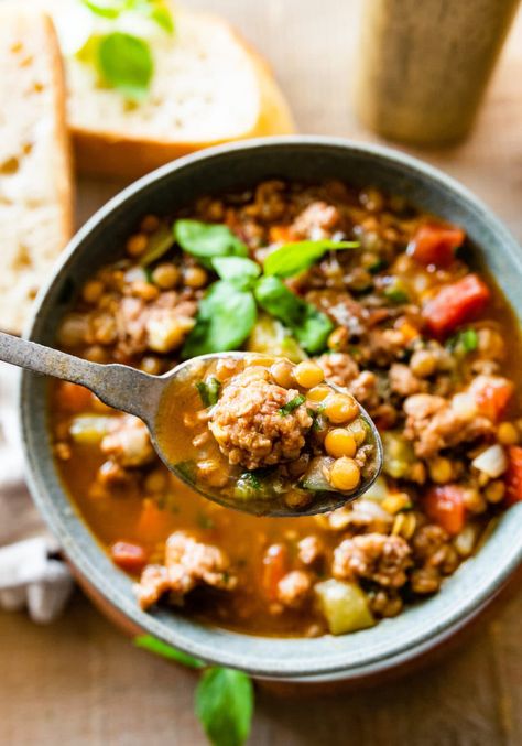 Italian Sausage Lentil Soup Recipe - CucinaByElena Italian Lentil Soup Recipe, Sausage Lentil Soup, Sausage Lentil, Lentils And Sausage, Spicy Lentil Soup, Lentil Sausage Soup, 15 Bean Soup, Sausage Soup Recipes, Pizza Appetizers