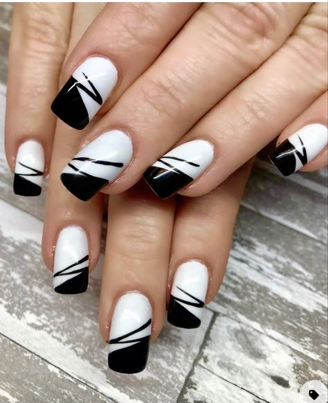 Loved this fun choice to try, lots of compliments! White Nails With Black Accent Nail, Biab Nail Design Black And White, Black And White Gel Polish Nails, Black Nails With White Lines Simple, White Nails With Black Stripes, Black And White French Tip Nails, Easy Toe Nail Designs, Black And White Nail Designs, White Gel Nails