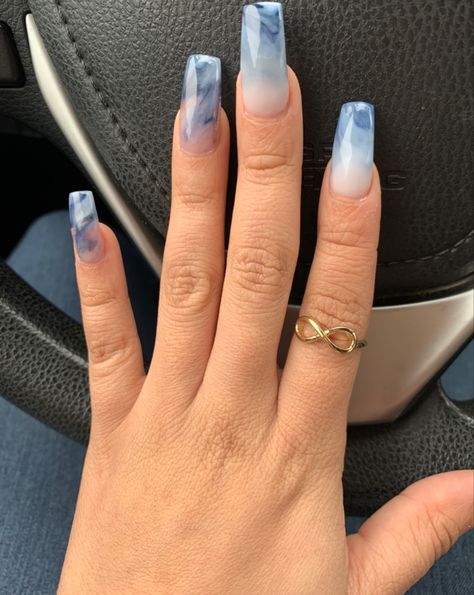 Blue marble nails with two accent ombre marble nails Work Appropriate Nails, Blue Prom Nails, Grey Acrylic Nails, Faded Nails, Marble Nail Designs, Marble Nail, Edge Nails, New Nails, Acrylic Nails Coffin Pink