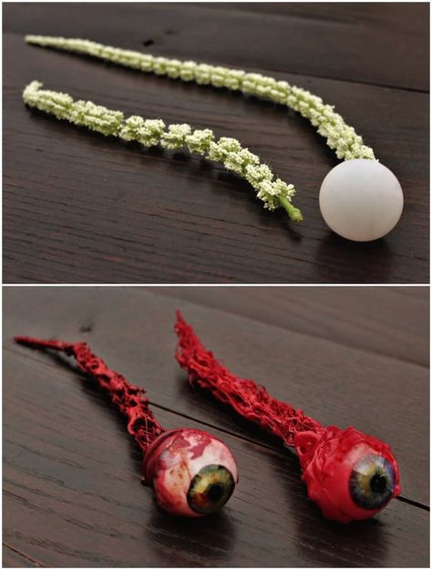 Still in the spirit of Halloween: a couple of eyeballs I've made using ping pong balls and fake plants : r/crafts Fake Eyeballs Halloween, Diy Intestines Halloween, Fake Intestines Diy Halloween Prop, Larp Props Diy, Spirit Of Halloween, Scary Halloween Decorations Diy, Halloween Props Diy, Homemade Halloween Decorations, Creepy Halloween Decorations