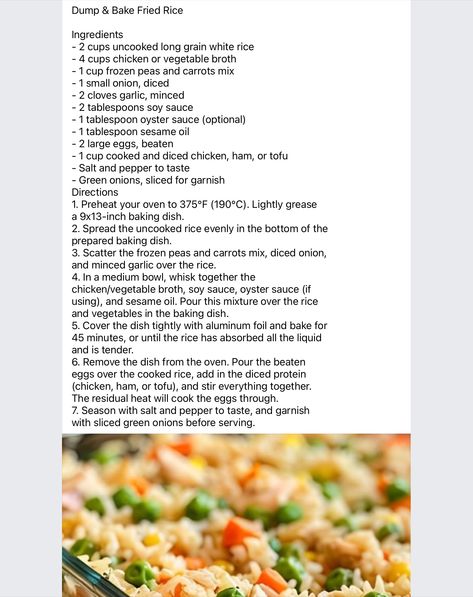 Dump And Bake Fried Rice, Baked Fried Rice, Dump And Bake, Pan Dishes, Baked Fries, 12 Tomatoes, Japanese Recipes, Rice Ingredients, Diced Chicken