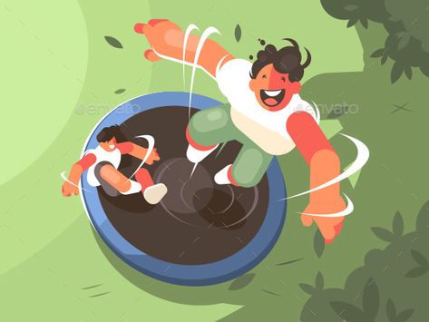 Jumping On Trampoline, Jumping Trampoline, Jump Park, Star Jump, Backyard Trampoline, Flat Character, Two Guys, Trampolines, Animal Projects