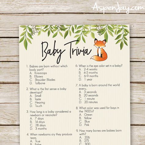 A fun baby shower game that you can download instantly and print yourself! Guests will have fun learning new facts about babies they might not have known before. W H A T ⋆ Y O U ’ L L ⋆ R E C E I V E 1 Zip file (2 pdf files) - Game Cards - each game card is 5"x7" inches (2 per 8.5"x11" page) - Answer Key **This listing is for a digital file ONLY. Which means no physical product will be shipped to you. O R D E R ⋆ P R O C E S S 1. Purchase the listing. 2. Once payment is complete, your files will Fox Baby Shower Theme, Facts About Babies, Camping Baby Shower Theme, Baby Trivia, Woodland Creatures Baby Shower, New Facts, Forest Baby Showers, Fox Baby Shower, Fox Baby