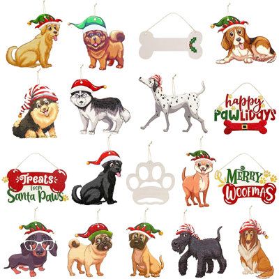 These dog christmas ornament set include 1pcs of Merry Woofmas sign ornament,1pcs of Happy Pawlidays sign,1pcs of Treats from Santa Paws sign,2pcs holly berry bones,2pcs dog paws and 13pcs different breeds christmas dogs.also comes with a black marker and a 20 ft long jute string.Various breeds christmas puppy plus christmas classic colours with christmas creative sign design,It also comes with a marker to write the name of your beloved dog on the dog's paw and bone ornaments.Wooden plaque is ma Bone Decorations, Happy Pawlidays, Hen Party Decorations, Merry Woofmas, Puppy Paw, Dog Tree, Plaid Christmas Decor, White Christmas Ornaments, Dog Christmas Ornaments