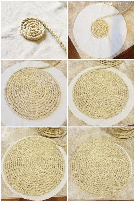 DIY Rope Chargers - A Wonderful Thought Diy Jute Placemats, Diy Chargers Plates Ideas, Diy Rope Design, Diy Chargers, Pola Macrame, Rope Projects, Tafel Decor, Rope Diy, Rope Crafts Diy