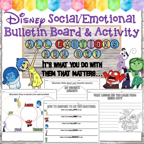 Social Emotional Bulletin Board, Social Emotional Bulletin Board Ideas, Disney Bulletin Boards, Disney Writing, Counseling Bulletin Boards, School Counseling Office, Big Emotions, Disney Classroom, Counseling Office