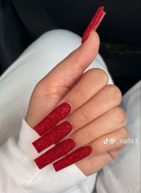 Red Glitter Matte Nails, Red New Years Nails Acrylic, Long Christmas Nails Red, Red Stiletto Nails Christmas, Christmas Acrylic Nails Simple, Red Glitter Nails Acrylic, Red Bday Nails, Red Holiday Nails Acrylic, Red Glitter Nail Designs