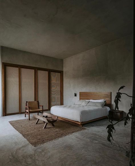 Concrete Interiors Bedroom, Concrete And Wood Bedroom, Bedroom Concrete Floor Ideas, Cement Floor Bedroom, Polished Concrete Bedroom, Minimalist Concrete Bedroom, Bedroom Concrete Floor, Concrete Floor Bedroom, Brutalist Bedroom Design