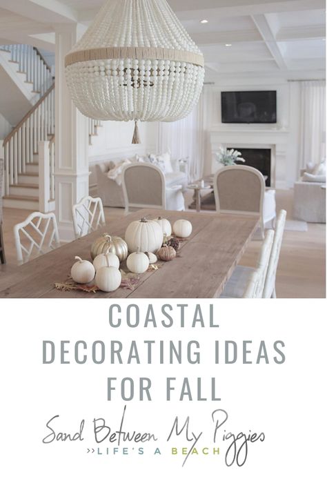 While the beach isn't known for trees, that doesn't mean your coastal home can't ahve great fall decor. Sandbetweenmypiggies.com is sharing wonderful ideas for fall coastal home decor. Read the post to learn more. #coastal #fallhomedecor #coastaldecoratingideas #fall #sandbetweenmypiggiesblog Coastal Farmhouse Fall Decor, Beach House Fall Decor, Coastal Fall Porch Decor, Fall Beach House, Beach Fall Decor, Fall Coastal Decor, Coastal Halloween Decor, Beachy Fall Decor, Spanish Townhouse