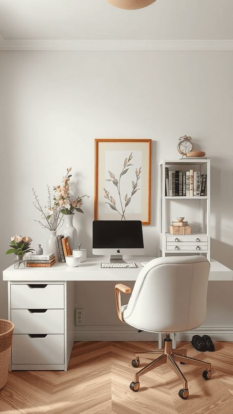 Transform a corner of your bedroom into a feminine home office with blush tones, gold decor, and floral prints for a productive and pretty setup. Bedroom With Office Space Ideas, Home Office Desk In Bedroom, White Desk In Bedroom, Small Home Office With Standing Desk, Crafting Room Aesthetic, Home Corner Office Ideas, Work Desk Ideas Office, Home Office Inspo Decor, Work Desk In Bedroom