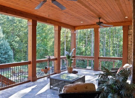 Covered deck ideas Upper Deck Covered Porch, Wrap Around Deck With Pergola, Partially Covered Deck Ideas, 2nd Floor Covered Deck Ideas, Back Deck Partially Covered, Covered Deck Ideas, Wood Plank Ceiling, Wood Plank Flooring, Plank Ceiling