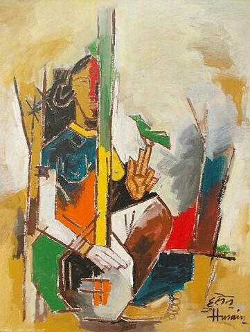 Lady with Veena M F Hussain Paintings, Hussain Paintings, Mf Hussain Paintings, Indian Painters, Mf Hussain, Famous Artists Paintings, Indian Contemporary Art, Cubism Art, Paintings Famous