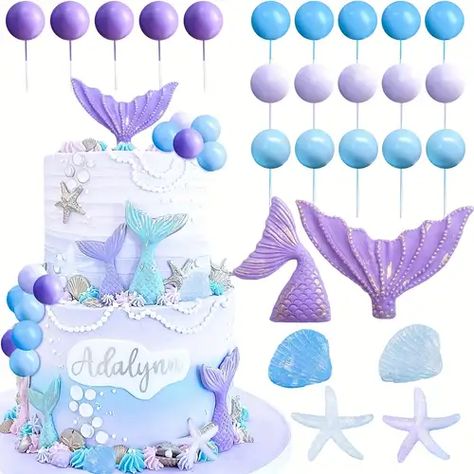 Birthday Cake Balloons, Ocean Party Decorations, Little Mermaid Cake Topper, Mermaid Tail Cake, Seashell Cake, Topper Mermaid, Mermaid Party Supplies, Little Mermaid Cakes, Mermaid Birthday Cakes