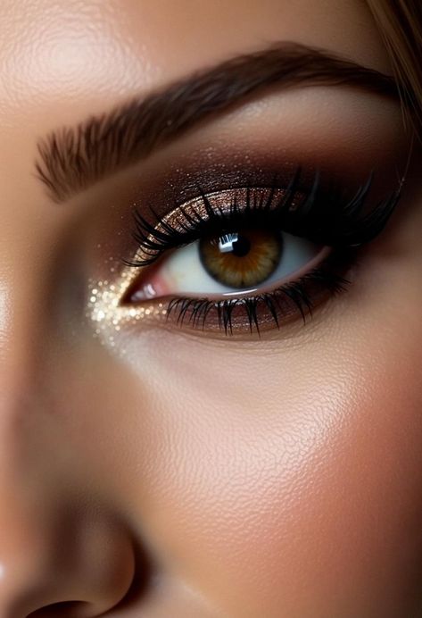 dark brown smokey eye Dark Gold Eyeshadow, Black And Golden Makeup, Brown And Black Smokey Eye, Black Smokey Eye Makeup Look, Gold And Black Eye Makeup, Smokey Eye For Hazel Eyes, Brown And Gold Makeup, Indian Lipstick, Dark Brown Smokey Eye