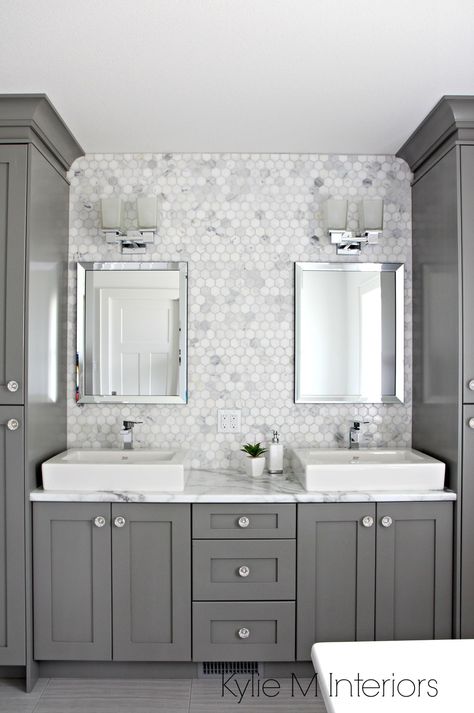 Double vanity in bathroom painted Benjamin Moore Chelsea Gray, hexagon mosaic tile backsplash, Calacatta Marble countertop by Formica. Design by Kylie M Interiors Vanity In Bathroom, Manchester Tan, Revere Pewter, Bad Inspiration, Decor Ikea, Ensuite Bathroom, Budget Bathroom, Bath Room, Cool Ideas