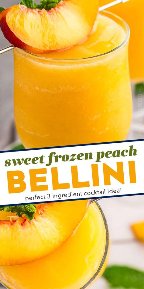 Frozen Peach Lemonade Slush, Frozen Peach Bellini Recipe, Bellini Cocktail Recipes, Peaches Recipes, Peach Bellini Recipe, Frozen Peach Bellini, Frozen Drinks Alcohol, Liquid Therapy, Bellini Cocktail