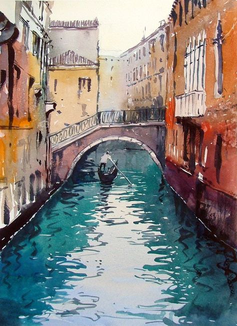 Venice_canal,Landscape Watercolour of Venice, 15" x 11" on Bockingford NOT Paper 140 lbs,Tim Wilmot Fencing Sport, Landscape Borders, Venice Painting, Retro Kunst, Watercolor Architecture, Venice Canals, Sport Video, Watercolor Lessons, 수채화 그림