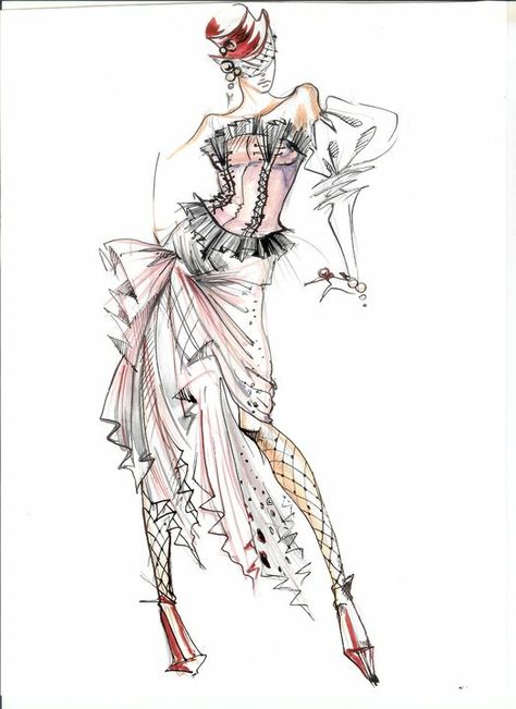 Christina Jobava's Art. Sketch from " Café-chantant" collection , inspired by cabaret dancers costumes. Corset with lacing, miniature top hat with veil, pleating , fishnet stockings, cascading ruffles and attention to details create dramatic image . Bold accessories pop against more subtile hues of the rest of the ensemble. #Fashion #Sketch #FashionDesign #Cabaret #CostumeDesignerSketch #20sInspired #RetroCostume #Corset #Fishnet #TopHat #Watercolors Corset Dress Illustration, Drawing Fishnets, Hats Sketch, Top Hat With Veil, Corset Drawing, Cabaret Dancer, Costume Design Sketch, Hat With Veil, Fashion Portfolio Layout