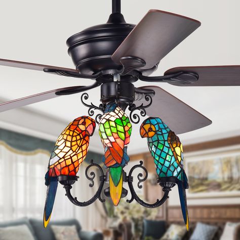 Free 2-day shipping. Buy Korubo 3-light 52-inch Lighted Ceiling Fan Tiffany Style Parrot Shades (remote controlled) at Walmart.com Ceiling Fans With Lights, Fans With Lights, Black Ceiling Fan, Cool Floor Lamps, Fan Accessories, Ceiling Fan With Remote, Tiffany Style, Pull Chain, Ceiling Fans