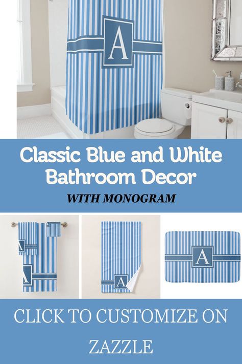 classic blue and White bathroom Decor Modern Minimalist Bathroom, Elegant Shower Curtains, Blue Bathroom Decor, White Bathroom Decor, Guest Bathrooms, Blue Towels, Blue Bathroom, Minimalist Bathroom, Bathroom Space