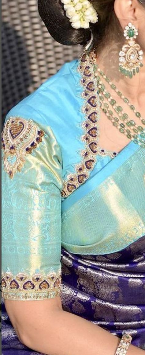 Shoulder Maggam Work Blouses, Reception Blouse Design For Bride, Maggam Work Blouse Designs Latest For Pattu Sarees, Exclusive Blouse Designs, Exclusive Saree Blouse Designs, Ikat Blouse Designs, Green Blouse Designs, Maggam Designs, Long Blouse Designs