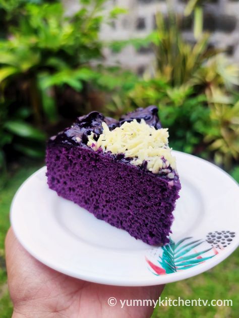 Ube Condensed Milk Cake (No-Oven) - Yummy Kitchen Recipes With Ube Sweetened Condensed Milk, Ube Condensed Milk Cake, Ube Condensed Milk Dessert, Fresh Ube Recipes, Ube Birthday Cake, Ube Sweetened Condensed Milk Recipe, Ube Sweetened Condensed Milk, Gluten Free Ube Cake, Ube Bundt Cake