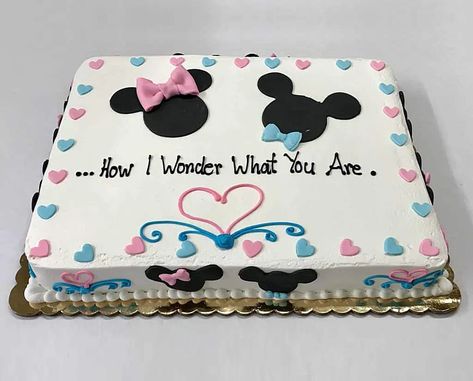 Gender Reveal Ideas Mickey And Minnie, Cakes Gender Reveal, Baby Shower Reveal Ideas, Disney Gender Reveal, Baby Reveal Cakes, Gender Reveal Box, Disney Reveal, Baby Gender Reveal Party Decorations, Gender Reveal Party Theme