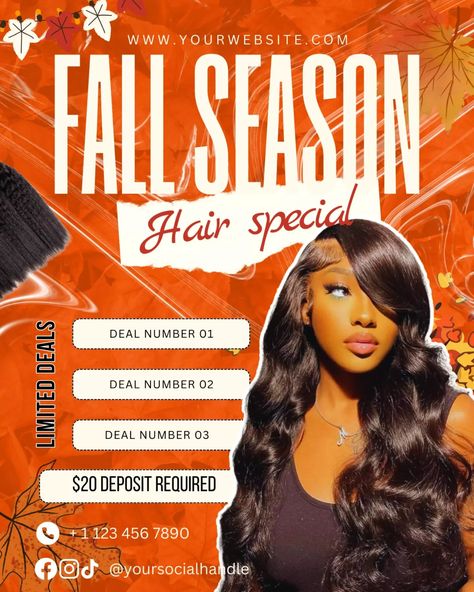 ⚡September Booking Flyer and Fall Booking Flyer templates are perfect for fall season. Use our DIY Fall Season Booking Canva Template for fall specials, Perfect for lashes artist, Nails artist, Makeup artist, Hair stylist … 🛍️ Shop now at : lluxurdesign.gumroad.com 📩 For custom graphic design, DM Us 🗯️ Comment the Word : FLYERS, and I will send you the link in DM . #graphicdesigner #canvadesign #canvagraphicdesigns #canvadesigner #canvadesign #hairstylists #nychairstylist #nycgraphicdesig... Beauty Flyer, Nails Flyer Design, Flyers For Hairstylist, Fall Hair Sale Flyer, November Hair Flyer, Wig Sales Flyer Design, October Hair Flyer, Canva Hair Flyer, Promo Flyer