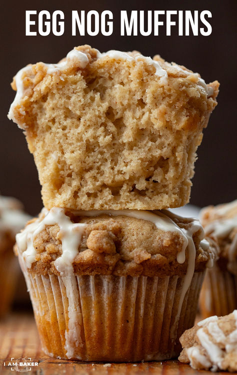 Eggnog Muffins are muffins infused with eggnog, topped with a crumbly and sugary streusel, and drizzled with an eggnog glaze. Egg Nog Scones Recipe, Eggnog Baking Recipes, Egg Nog Muffins, Eggnog Muffin Recipe, Eggnog Scones, Sweet Casserole, Eggnog Bread Recipe, Mini Eggnog Cheesecake, Eggnog Muffins