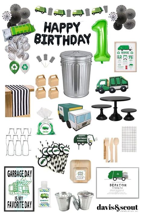 Adorable party theme for a young recycle truck lover. Post includes items you could use to create an adorable and affordable diy party with party inspiration photos from our recycle truck party and updated links to products curated for an adorable recycle truck celebration. #trashbash #recycletruck #recycleparty #kidparty #partytrends #themeparty #blackandwhite #garbagetrucktheme #recycletrucktheme #eventplanning #diyparty #partyideas #trendyparty #two #firstbirthday #toddlerparty 1st Birthday Theme, Garbage Truck Party, Truck Theme Birthday, Trash Party, Truck Theme, Toddler Parties, Fun Party Themes, 1st Birthday Themes, 2nd Birthday Party Themes