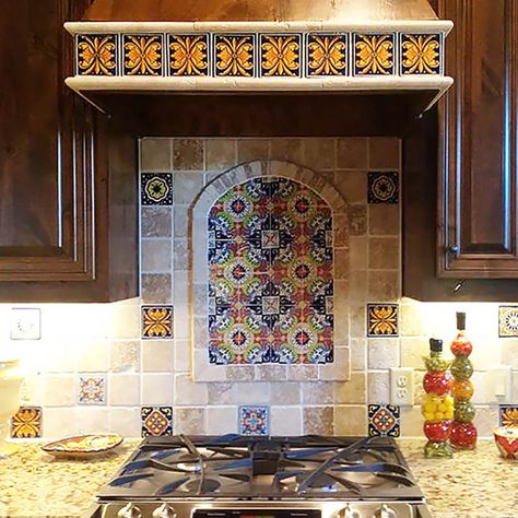 mexican wall tiles on a kitchen backsplash Talavera Tile Kitchen, Spanish Tile Backsplash, Mexican Tile Backsplash, Talavera Kitchen, Mexican Tile Kitchen, Kitchen Tile Mural, Talavera Backsplash, Mexican Style Kitchens, Spanish Style Kitchen